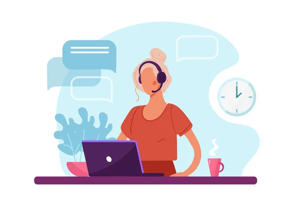 Mujer con auriculares y computadora, centro de llamadas, servicio al cliente y soporte. Vector plano ilustración concepto de trabajo a distancia, educación a distancia, telemarketing — Archivo Imágenes Vectoriales