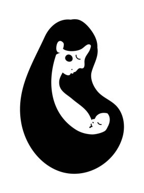 Annem bebeğini emziriyor. Kollarında bebek olan bir annenin silueti, annelik kavramı. Emzirme logosu, imzala. Vektör çizimi. Çocuklu bir kadın