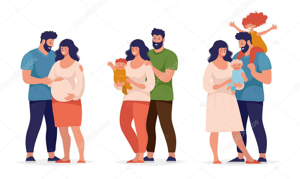 Set of different periods in the relationship of a couple, pregnancy, newborn, big happy family. Parents with children. Mom and Dad hug their children, son, and daughter. Flat cartoon vector