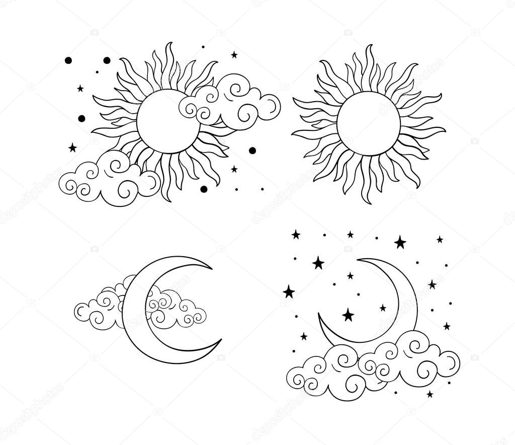 Mystical boho tattoos with sun, crescent, stars and clouds. Linear design, hand drawing. Set of elements for astrology, mysticism and fortune telling. Vector illustration on a white background.