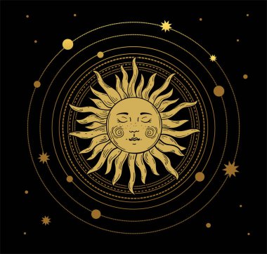 Vintage mistik tarzda vektör illüstrasyonu, boho tasarımı, dövme, tarot. Evrenin altın güneş, ay, gezegenler ve kara uzayın arka planına karşı yörüngeli aygıtı..