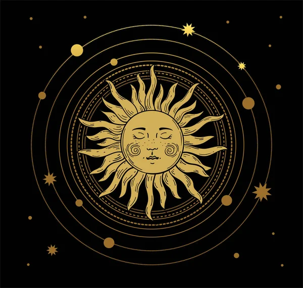 Vector illustration in vintage mystical style, boho design, tattoo, tarot. The device of the universe with a golden sun, moon, planets and orbits against the background of black space. — Stock Vector