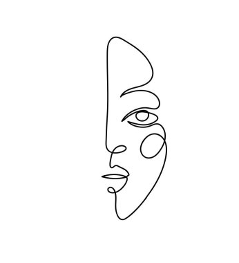 Genç bir kadının soyut portresi. Modern doğrusal çizim, seksi bir kızın yüzü, logo, güzellik tasarımı öğesi. Vektör karalama çizimi beyaz arkaplanda izole edildi.