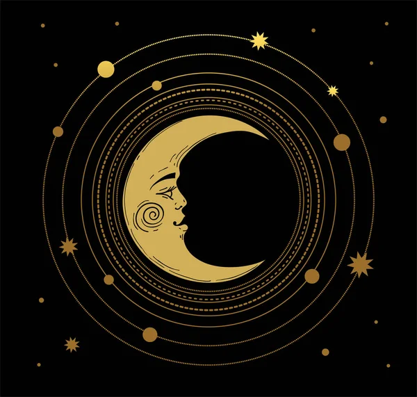 Ilustración vectorial en estilo místico vintage, diseño boho, tatuaje, tarot. El dispositivo del universo con una luna creciente dorada, planetas y órbitas contra el telón de fondo del espacio negro . — Archivo Imágenes Vectoriales