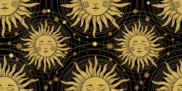 Nahtloses Muster mit der goldenen Sonne auf schwarzem Hintergrund, Galaxien und Sternen. Mystische Ornamente im alten Vintage-Stil. Vektorillustration. — Stockvektor