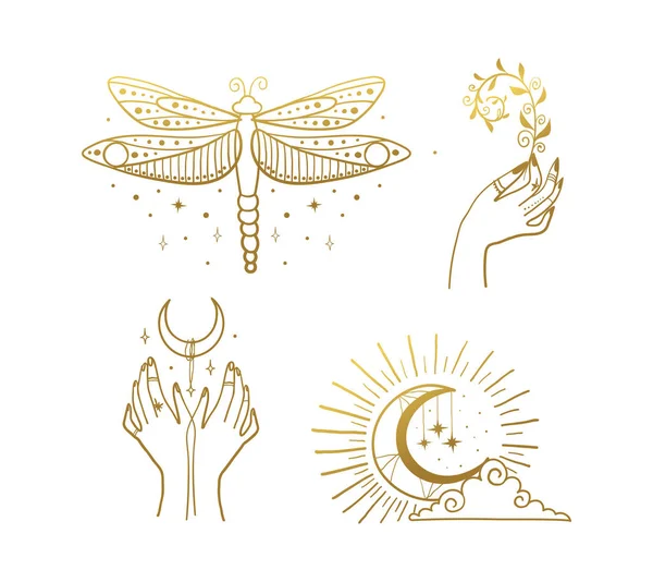 Set of beautiful golden mystical elements in boho style, dragonfly, crescent, female hands. Elements for design of tarot, tattoo, sticker. Magical and astrological objects. Linear vector illustration — Stock Vector