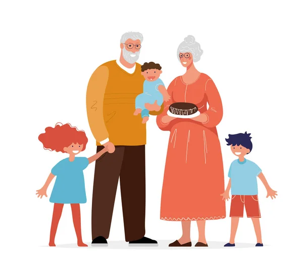 Prarodiče stojí se svými vnoučaty. Starší muž a žena a malé děti, koncept rodiny, generace, psychologické zdraví starších lidí. Kreslený vektorový obrázek. — Stockový vektor