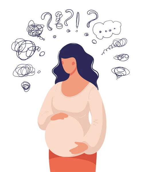 Een zwangere vrouw twijfelt, is bezorgd, stelt vragen. Het concept van zwangerschap, zwangerschapszorg, gezinsondersteuning. Platte vectorillustratie. — Stockvector