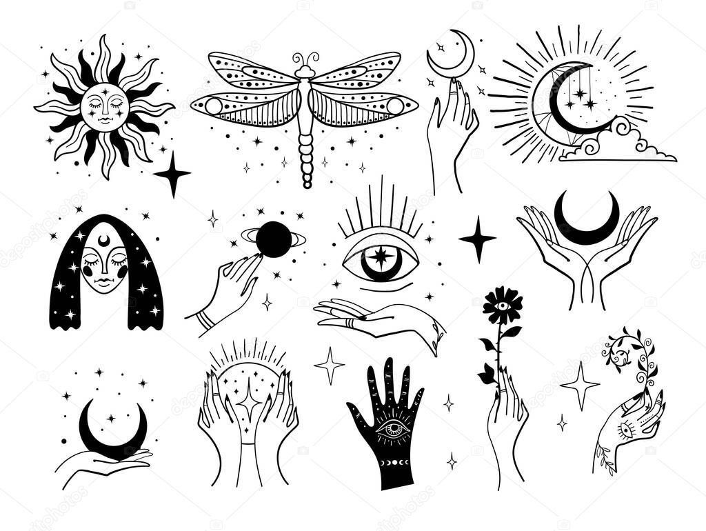Set of magic symbols, witch tattoos. Crescent moon, sun with face, hands with plants, magic ball and stars. Black linear sketch, boho design, modern vector illustration.