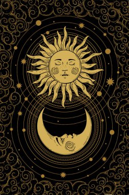Siyah arka planda yüzü, güneşi ve bulutları olan göksel hilal deseni. Tarot, astroloji, dövme ve kapak için Boho tasarım elementleri. Vektör illüstrasyonu
