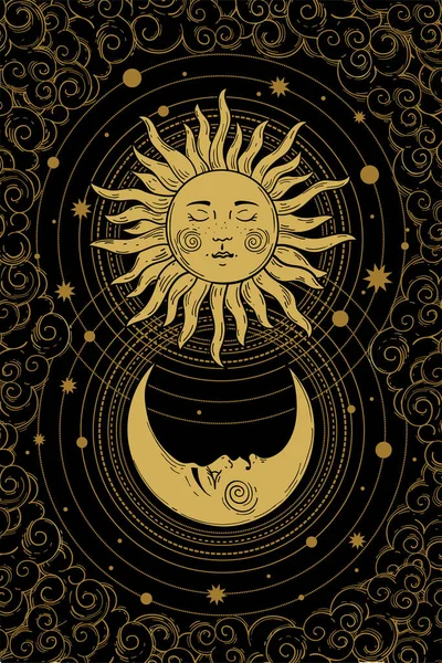 Ουράνια χρυσή ημισέληνο μοτίβο με πρόσωπο, ήλιο και σύννεφα σε μαύρο φόντο. Στοιχεία σχεδιασμού Boho για ταρώ, αστρολογία, τατουάζ, κάλυψη. Εικονογράφηση διανύσματος — Διανυσματικό Αρχείο
