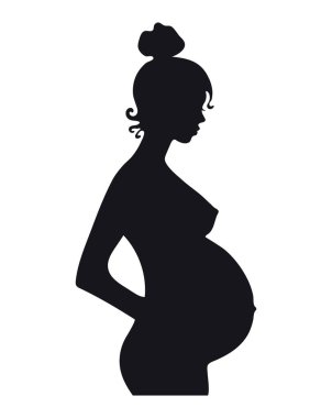 Hamile bir kadının siyah silueti. Hamilelik, genç ve güzel bir annenin profili. Tasarım için Clipart, vektör çizimi beyaz arkaplanda izole edildi
