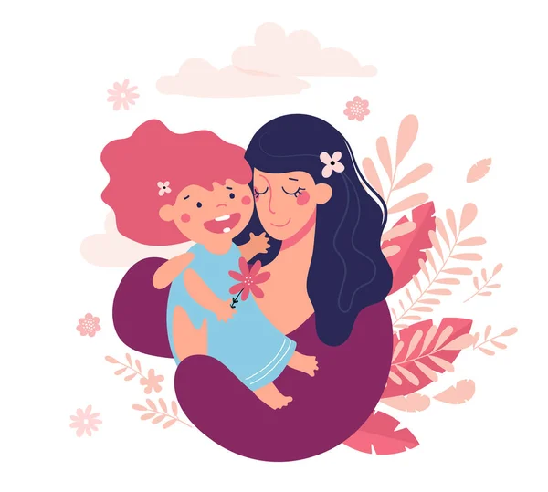 母亲节贺卡 快乐的妈妈抱着她的孩子 可爱的海报 女人把一个女孩抱在怀里 平面矢量图解 — 图库矢量图片