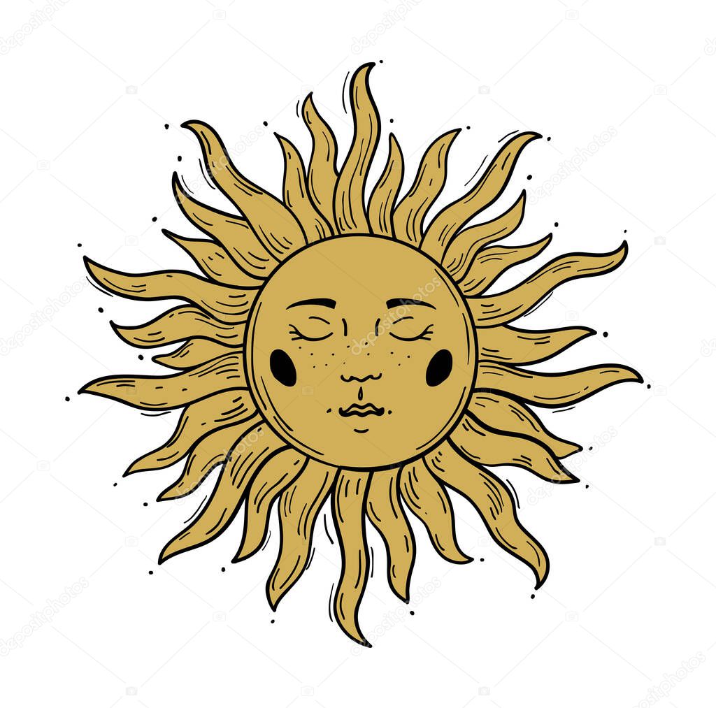 Modern pattern in vintage style, the sun with a face, engraving.