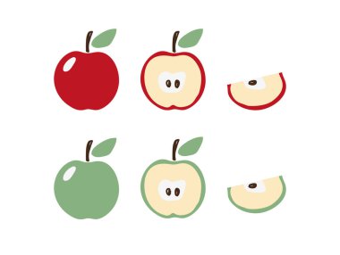 Apple simgesi modern düz tasarım seti. Elma sembolü kırmızı ve yeşil bir yaprak ile. Yarım dilimlik elma. Logo için klip sanatı, hobi, model. Hisse vektörü beyaz arkaplanda izole edildi.