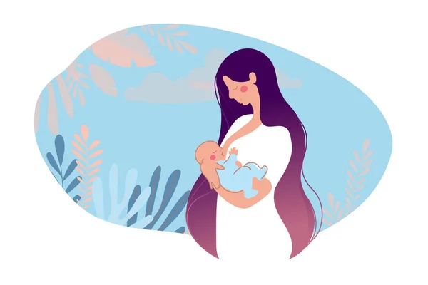 Illustration Breastfeeding Lactation Mother Breastfeeds Her Baby Natural Background Leaves — ストックベクタ