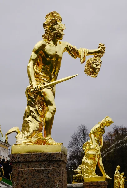 Petergof Saint Petersburg Oct 2016 Golden Statues Fountain Petergof Saint — Stock Photo, Image
