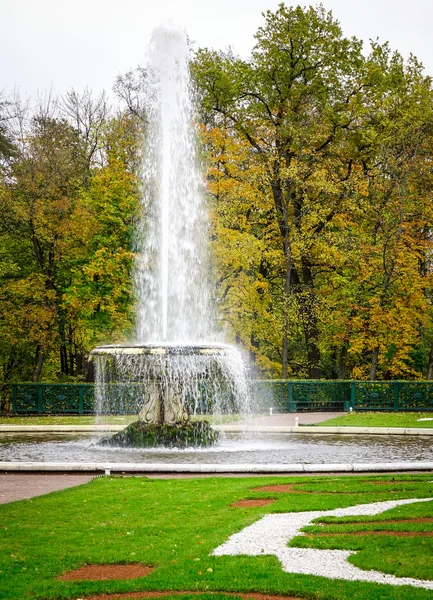 喷泉与秋天的花园在彼得堡 圣彼得堡 俄罗斯 — 图库照片