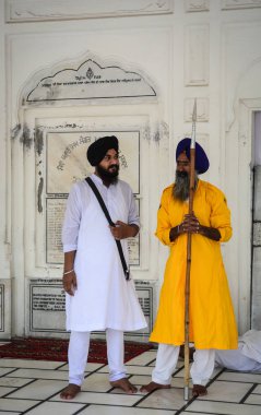 Amritsar, Hindistan - 25 Temmuz 2015. Sih ayakta Amritsar, Hindistan Altın Tapınağı'nda korur.