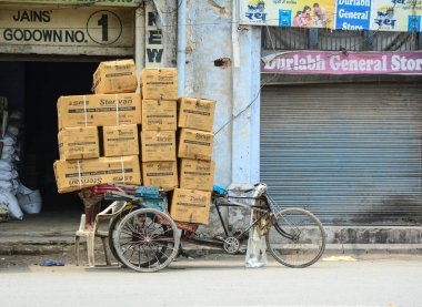 Amritsar, Hindistan - 25 Temmuz 2015. Amritsar, Hindistan Caddesi üzerinde mal taşıyan çekçek.