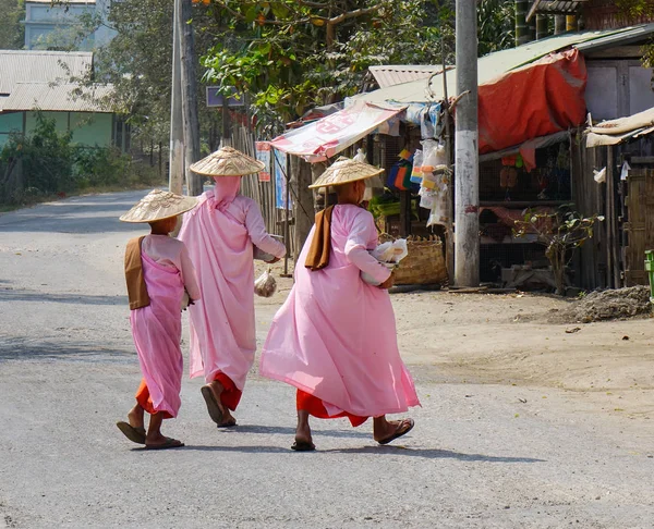 Yangón Myanmar Febrero 2016 Monjas Budistas Caminando Por Las Limosnas — Foto de Stock