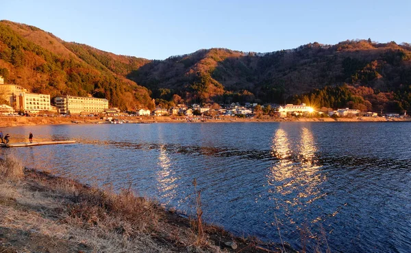 Lago Kawaguchi Com Município Pôr Sol Japão — Fotografia de Stock