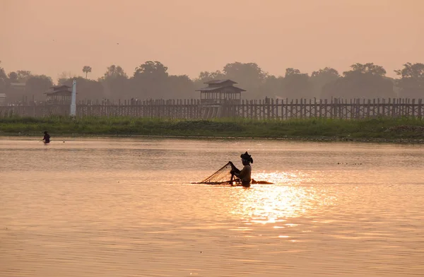 Scène Lac Avec Pont Ubein Mandalay Myanmar Ubein Été Construit — Photo