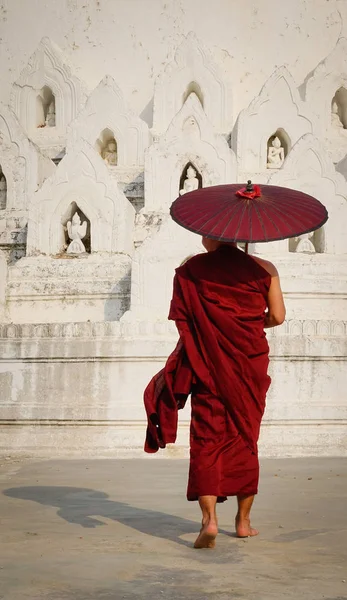 Буддийский Монах Красном Халате Зонтиком Пагоде Асьент Мингуне Мьянма — стоковое фото