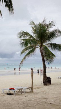 Boracay, Filipinler - 17 Aralık 2015. Beyaz plaj Boracay, Filipinler plam ağaçlarıyla. Boracay Adası çok sayıda seyahat yayınlar ve kurumları ödül aldı.