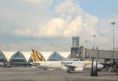 Bangkok, Tayland - 10 Kasım 2015. Bangkok Suvarnabhumi Airport adlı yerleştirme kaplan uçaklar. Suvarnabhumi Havaalanı Bangkok hizmet veren iki Uluslararası Havaalanı biridir.