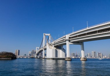 Tokyo, Japonya - 4 Ocak 2016. Gökkuşağı Köprüsü bölgesinde Odaiba, Tokyo Körfezi, Japonya görünümünü. Japonya'nın en önemli bağlantı noktası sayısını Tokyo Körfezi içinde yer alır.