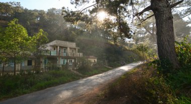 Dalat, Vietnam - 23 Ocak 2016. Dağ sunrise Dalat, Vietnam için yola. Vietnam'Da Lat popüler bir turistik yer..