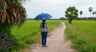 Bir Giang, Vietnam - 7 Ağustos 2016. Şemsiye Mekong Delta, Vietnam için kırsal yolda olan bir kadın. Mekong Delta da Vietnam'ın en önemli ekonomi bölgesidir.