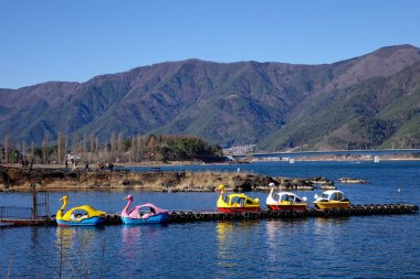 Yamanashi, Japan - 1 Ocak 2016. Kuğu tekne Japonya için Kawaguchi-ko gölde. Göl Kawaguchi, Fuji Dağı'nın, Japonya yakınındaki Güney Yamanashi ili yer almaktadır.