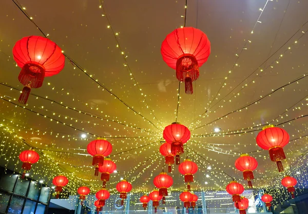 Chinese lanterns for decoration at night in shopping mall during Lunar New Year.