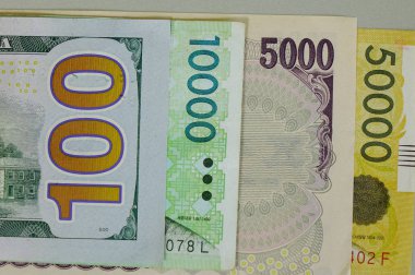 Banknot - birçok tür yakın çekim. Dolar, yen Japonya ve Kore Wonu.