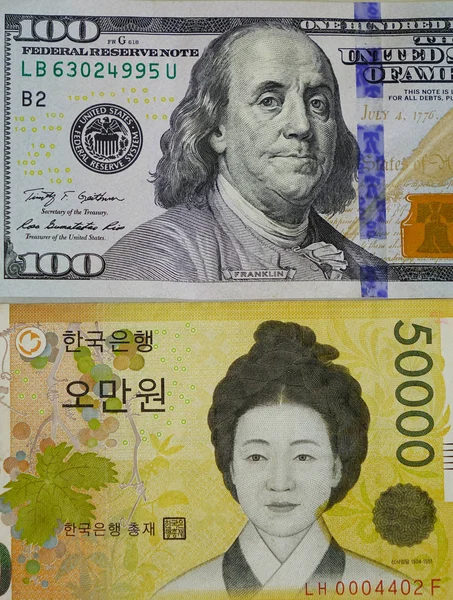 Portrety Banknoty Nas 100 Dolarowy Banknot Korea 000 Wygrał Bill — Zdjęcie stockowe