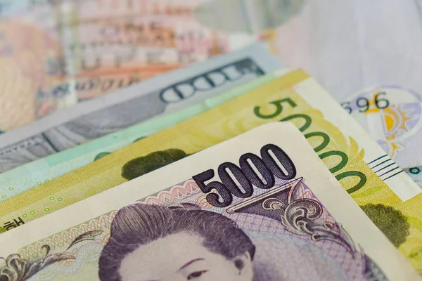 Stos Banknotów Bliska Bill 5000 Jenów Japonii Płytkiej Głębi Ostrości — Zdjęcie stockowe