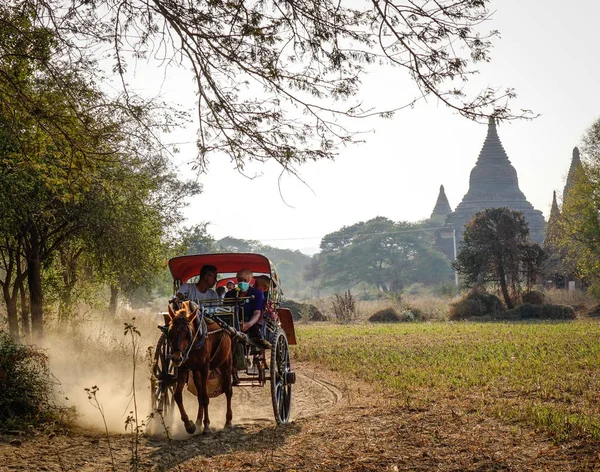 Bagan Myanmar Şubat 2016 Tozlu Yolda Bagan Myanmar Turist Taşıyan — Stok fotoğraf