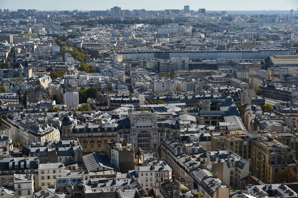 Paris, France - October 2, 2018. Aerial view of Paris with its typical buildings. Paris is a global center for art, fashion, gastronomy and culture.