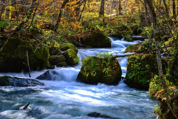 Oirase Stream dans une journée ensoleillée, beau feuillage d'automne — Photo