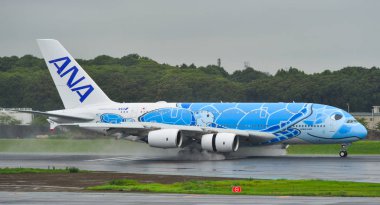 Tokyo Narita Havaalanı pistinde uçak taksicilik yapıyor. 