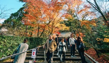 İnsanlar eski tapınakta sonbahar yapraklarının keyfini çıkarıyorlar. 