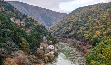 Arashiyama Nehri ile sonbahar ormanı