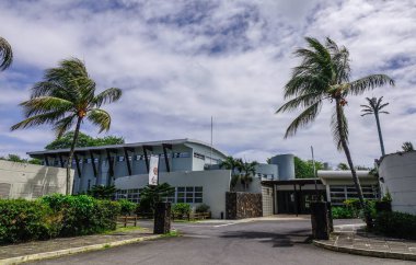 Mauritius Adası 'nda palmiye ağaçları olan bir tatil köyü.