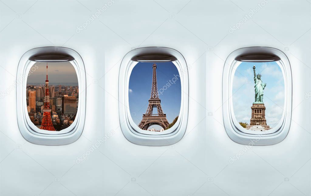 Airplane windows with destination landmarks 