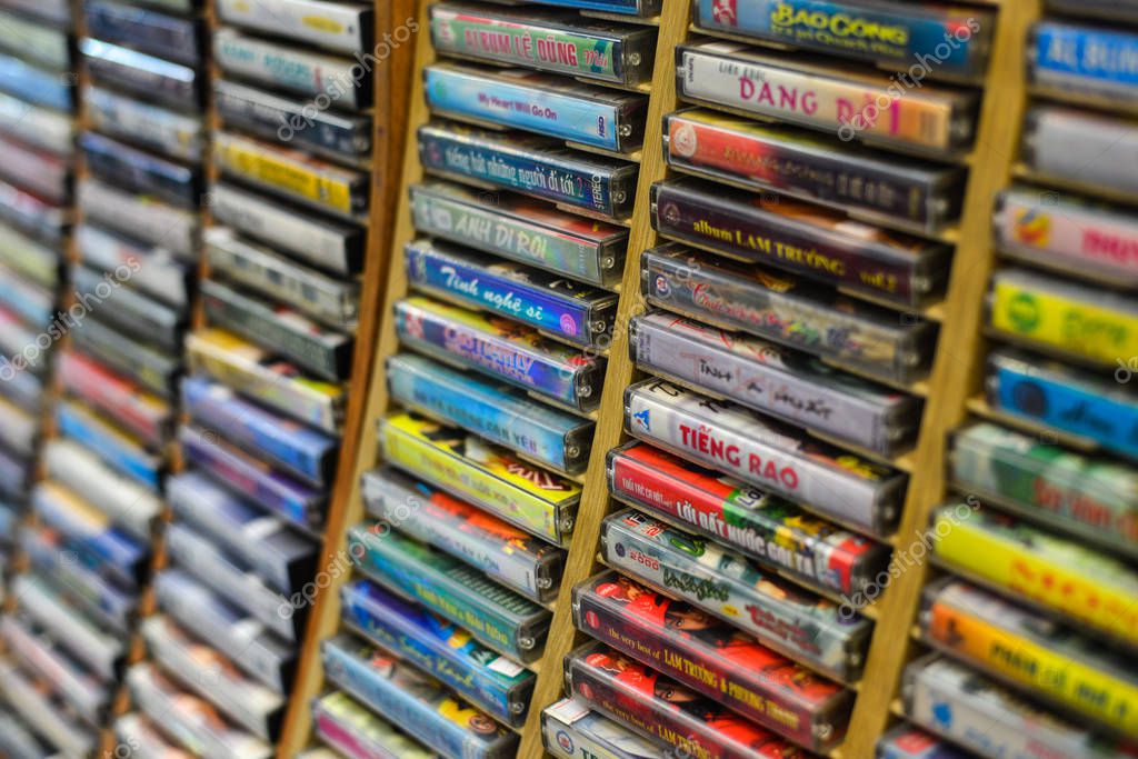 Saigon, Vietnam - Sep 29, 2019. Cassette tapes of 60-80s Vietnamese music for display at the store in downtown of Saigon (Ho Chi Minh City), Vietnam.