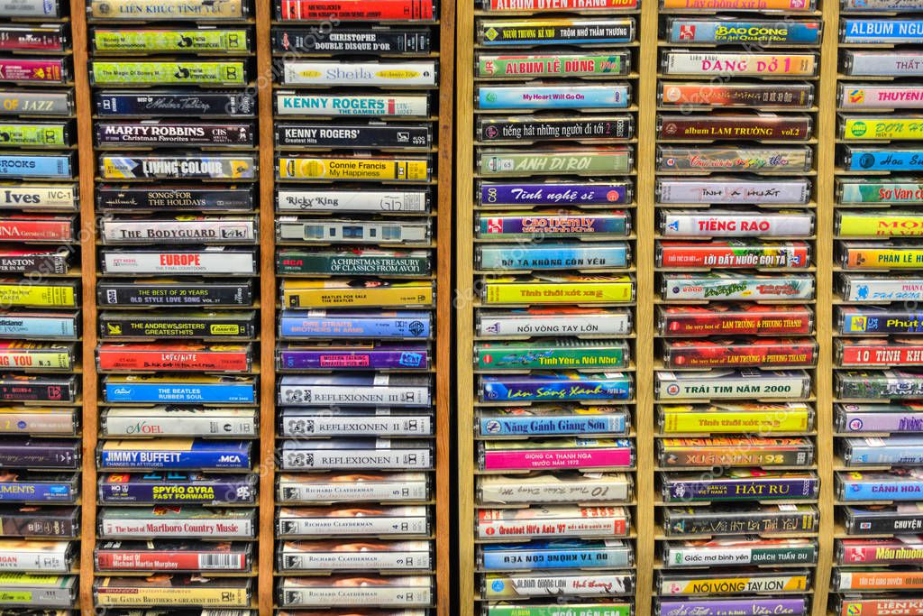Saigon, Vietnam - Sep 29, 2019. Cassette tapes of 60-80s Vietnamese music for display at the store in downtown of Saigon (Ho Chi Minh City), Vietnam.