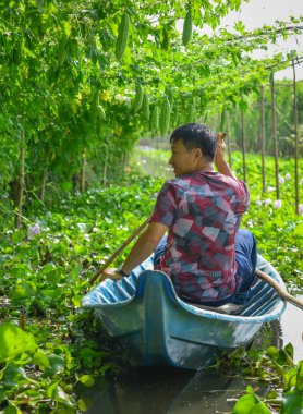 Kanalda Asyalı bir adam kürek çekiyor. 