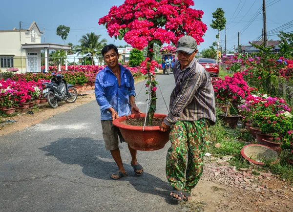 Hombres locales llevando flores en la plantación — Foto de Stock